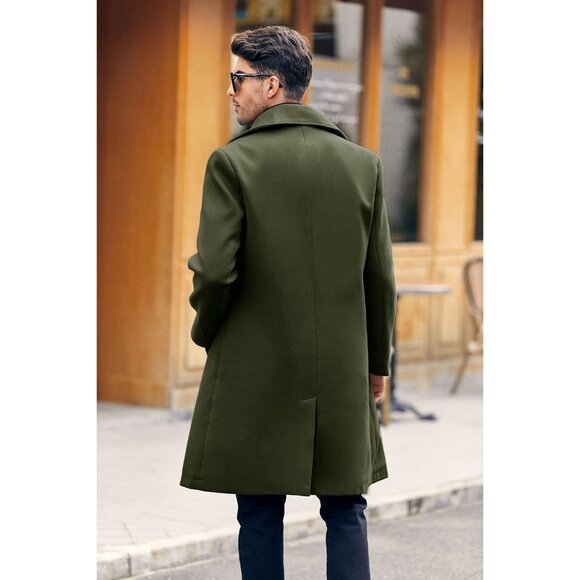 Men's Army Green Double Breasted Trench Coat Collar Business Winter Long Coats - Picture 4 of 5